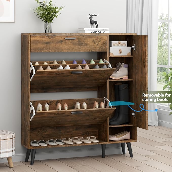 Shoe Storage Cabinets, 16 Pairs Free Standing Shoe Organizer with 2 Flip Drawers for Entryway, Narrow 3 Tier Entryway Hidden Shoe Rack with Doors (Upgraded Rustic)