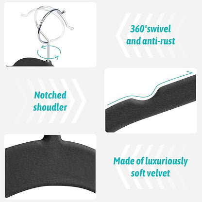 Premium Velvet Hangers 30 Pack - Space-Saving Closet Organizer for Clothes, Non-Slip Flocked Design, Ideal for Shirts and Coats (Black)