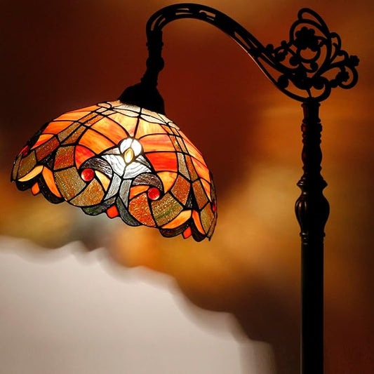 WERFACTORY Tiffany Floor Lamp Red Liaison Stained Glass Arched Lamp 12X18X64 Inches Gooseneck Adjustable Corner Standing Reading Light Decor Bedroom Living Room S160R Series