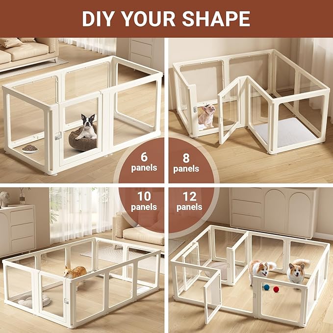 Transparent 17-Panel Dog Playpen, Acrylic Indoor/Outdoor Puppy Pen for Small & Medium Dogs, 24 Inch with Door, White(Ventilated Design 74 * 50 Two Rooms,24 inch)