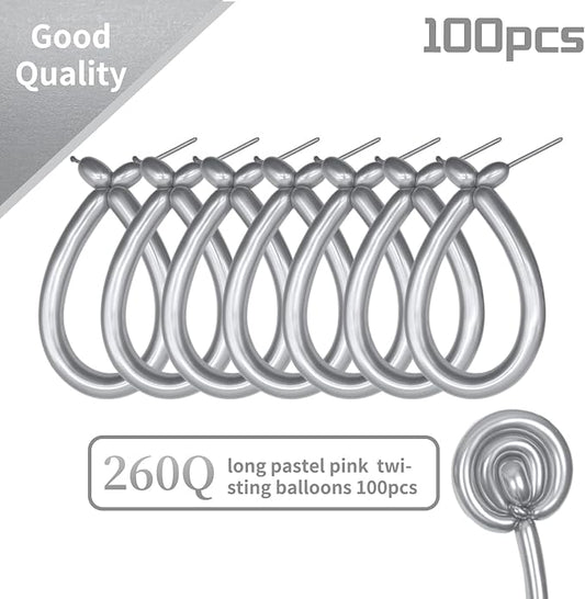 KAWKALSH 260 Metallic Silver Long Balloons for Balloon Garland Thickening Skinny Latex Twisting Animals Modeling Christmas Birthday Wedding Party Festival Decorations 100pcs