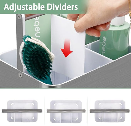 Plastic Shower Caddy Dorm - Portable Bathroom Caddy Organizer with Handle and Divider for College Dorm & Shared Bathroom, Hard Shower Tote for Toiletry, Brushed Nickel White