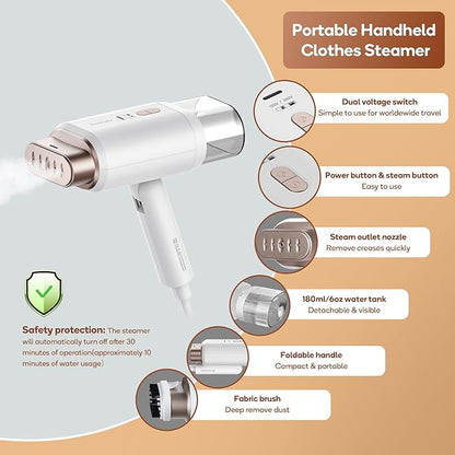 Newbealer Dual Voltage Garment Steamer - 120V/220V, 1200W Powerful Steamer for Clothes, Home & Travel Use, Horizontal & Vertical Steaming, 20s Heat-up, Foldable, 1.72lbs, 180ml (Gold)