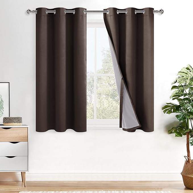 XWZO 100% Blackout Window Curtains - Thermal Insulated & Completely Room Darkening with Black Liner Window Treatment for Narrow Window, Tiebacks Included, Brown, W38 x L45, Set of 2 Panels
