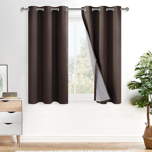 XWZO 100% Blackout Window Curtains - Thermal Insulated & Completely Room Darkening with Black Liner Window Treatment for Narrow Window, Tiebacks Included, Brown, W38 x L45, Set of 2 Panels