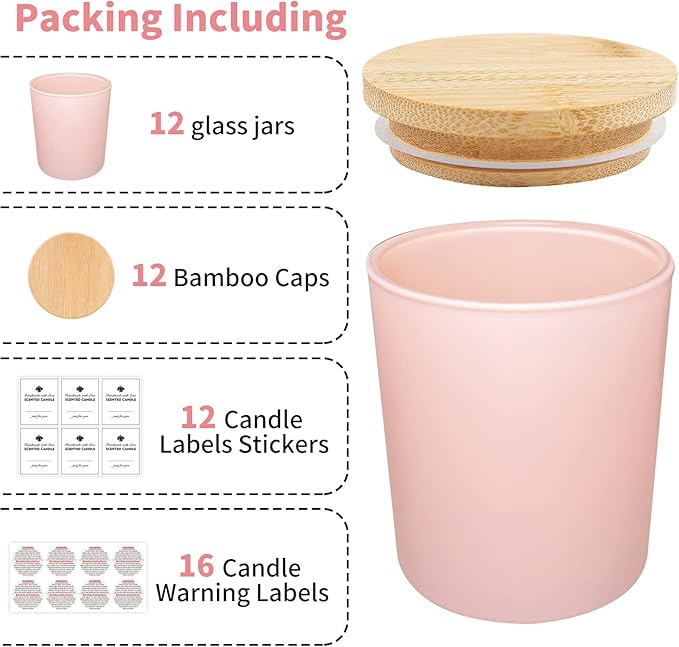 SUPMIND 12 Pack 10oz Pink Glass Candle Jars for Making Candles with Bamboo Lids Sticky Labels Warning Labels for Making Candles Empty Containers - Dishwasher Safe