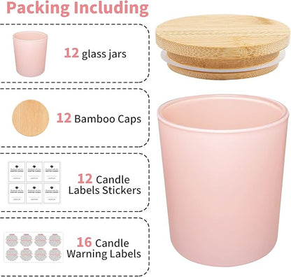 SUPMIND 12 Pack 10oz Pink Glass Candle Jars for Making Candles with Bamboo Lids Sticky Labels Warning Labels for Making Candles Empty Containers - Dishwasher Safe
