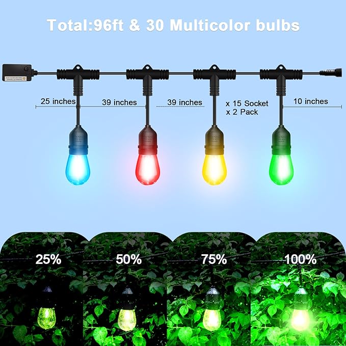 EMANER Outdoor String Lights Color Changing, 96ft Wi-Fi APP String Light Music Sync with Remote, Alexa Google Home Compatible, Infinite Color Smart String Light Dimmable for Halloween Decoration