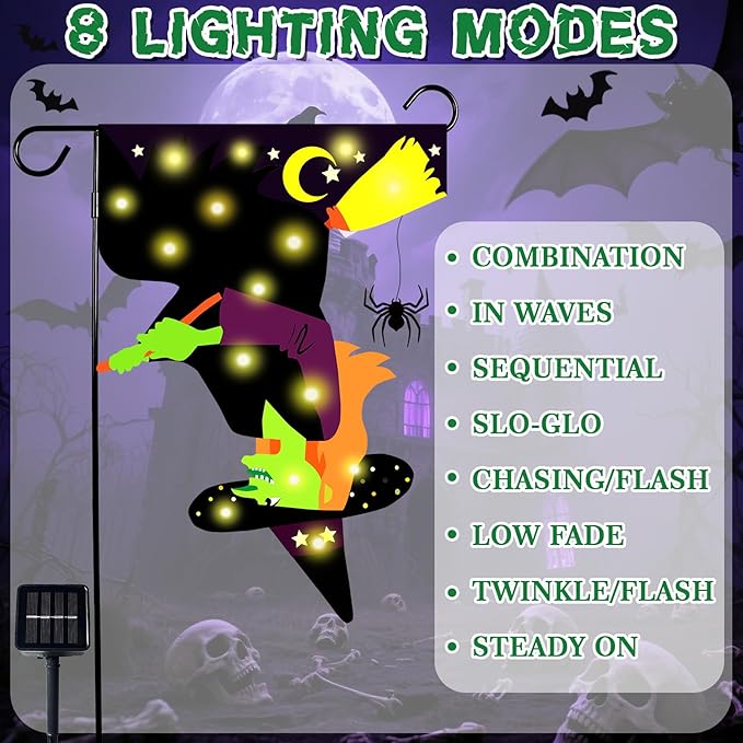 Halloween Solar-Powered Lighted Witch Garden Flag, 12x18 Inch Double-Sided Outdoor Decor with 8 Lighting Modes, Waterproof Yard Flag for Halloween Patio, Lawn & Porch