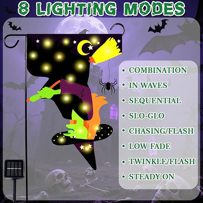 Halloween Solar-Powered Lighted Witch Garden Flag, 12x18 Inch Double-Sided Outdoor Decor with 8 Lighting Modes, Waterproof Yard Flag for Halloween Patio, Lawn & Porch