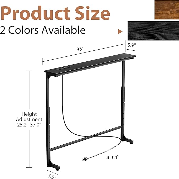 GRLEAF 35" Adjustable Height Narrow Console Table with Power Outlets, Long Sofa Table with Charging Station Behind Couch Table Skinny Entryway Table for Living Room, Hallway and Office – Black