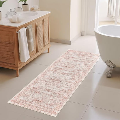 Rug Runners for Hallways Non Slip - 2x8 Runner Rug for Bedroom, Washable Runner with Rubber Backing, Soft Low-Pile Carpet for Kitchen, Laundry, Bathroom (2'x8', Pink/Ivory)