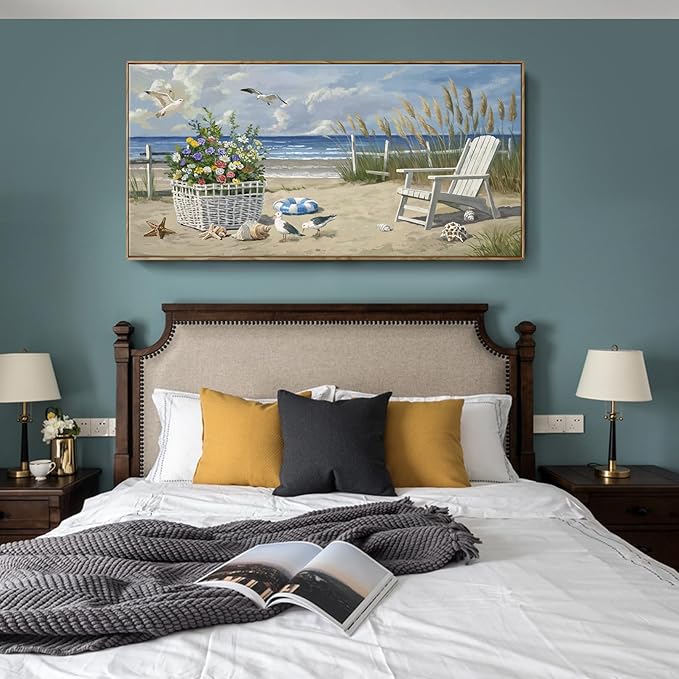 ARTZON Coastal Canvas Wall Art – Framed Sea Scene Oversized Print Artwork Beach Chair Sand Blue Ocean Landscape Picture for Living Room, Office Decor, 58x29 Inch