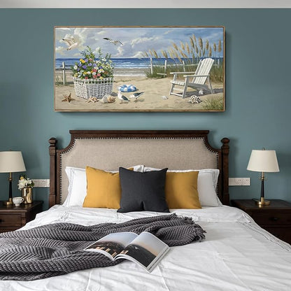 ARTZON Coastal Canvas Wall Art – Framed Sea Scene Oversized Print Artwork Beach Chair Sand Blue Ocean Landscape Picture for Living Room, Office Decor, 58x29 Inch