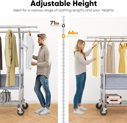HOKEEPER Clothing Rack Heavy Duty Clothes Rack for Hanging Clothes Load 625LBS Extendable Double Rod Clothes Rack, Adjustable Rolling Garment Rack with Wheels, Basket & Shelves 71.2''W*23.6''D*68.5''H