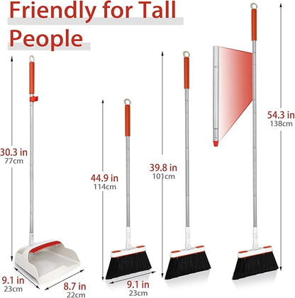JEHONN Broom and Dustpan Set for Home, Long Handle Lightweight 180 Degree Rotating Broom Set Indoor, Upright Standing Dust Pan with Comb Teeth, Store Sweep Set for Room Kitchen Office (Grey & Red)