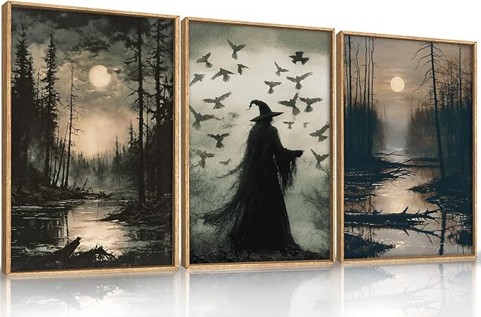 HLNIUC Large Halloween Decor Indoor, Witch Gothic Vintage Framed Wall Art 3pcs (16x24),Black Raven Dark Academia Pictures, Moody Moon Forest Spooky Canvas Painting for Living Room, Bedroom, Office