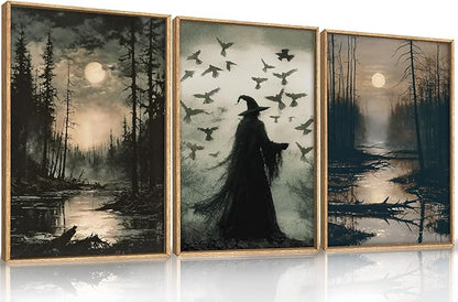 HLNIUC Large Halloween Decor Indoor, Witch Gothic Vintage Framed Wall Art 3pcs (16x24),Black Raven Dark Academia Pictures, Moody Moon Forest Spooky Canvas Painting for Living Room, Bedroom, Office