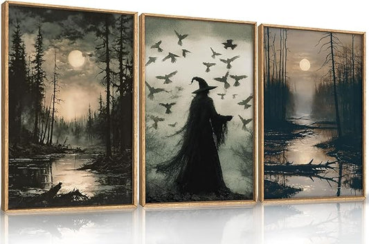HLNIUC Large Halloween Decor Indoor, Witch Gothic Vintage Framed Wall Art 3pcs (16x24),Black Raven Dark Academia Pictures, Moody Moon Forest Spooky Canvas Painting for Living Room, Bedroom, Office
