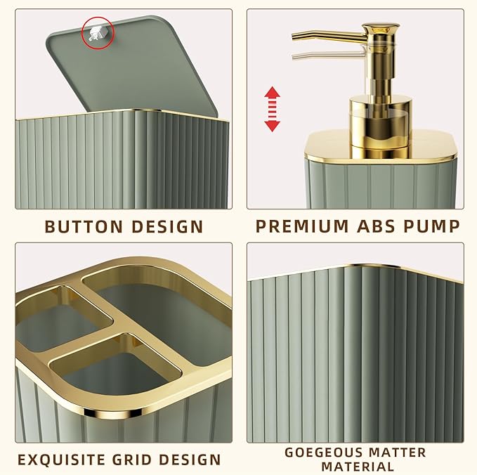 Bathroom Accessories Set - 25PC Sage Green Bathroom Set, Bathroom Set with Shower Curtain and Rugs, Sage Green Shower Curtain Set, Bathroom Accessory Set, Trash Can & Soap Dispenser