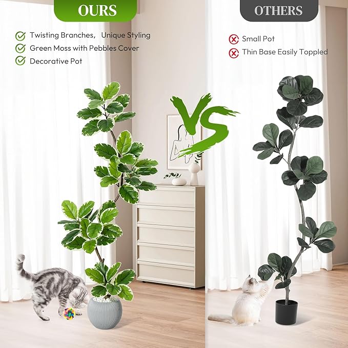 Garvee Fiddle Leaf Fig Tree Artificial Indoor, Faux Floor Plant, 5FT Tall Fake Plant with Planter and Pebbles, Artificial Trees for Home Decor Indoor,Tall Fake Tree for Housewarming