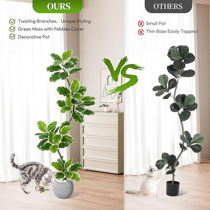 Garvee Fiddle Leaf Fig Tree Artificial Indoor, Faux Floor Plant, 6FT Tall Fake Plant with Planter and Pebbles, Artificial Trees for Home Decor Indoor,Tall Fake Tree for Housewarming