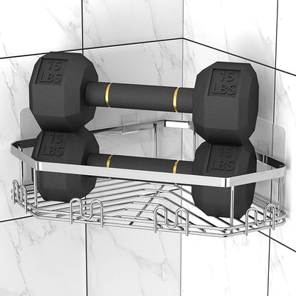 STEUGO Corner Shower Caddy, 3 Pack Adhesive Shower Corner Organizer Shelves, No Drilling Stainless Steel Shower Storage Rack with 12 Hooks for Bathroom, Dorm and Kitchen(Silver).