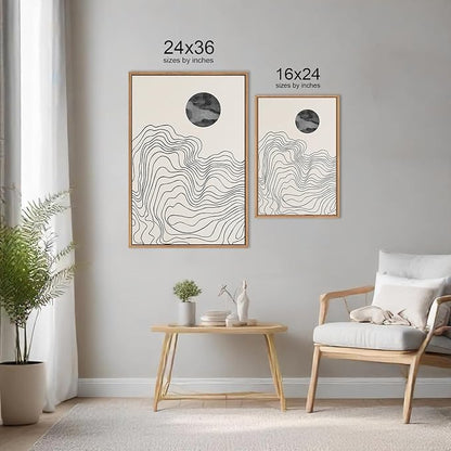 HLNIUC Black and White Abstract Wall Art Set of 3, Large Boho Framed Canvas Decor(24x36), Modern Celestial Sun Moon Painting, Geometric Line Mountain Art Print for Living Room, Bedroom, Office