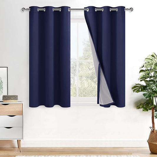 XWZO 100% Blackout Curtains 2 Panels with Tiebacks- Double Layers Heat and Full Light Blocking Window Panels with Grommets for Narrow Short Windows, Navy Blue, W38 x L45, Set of 2
