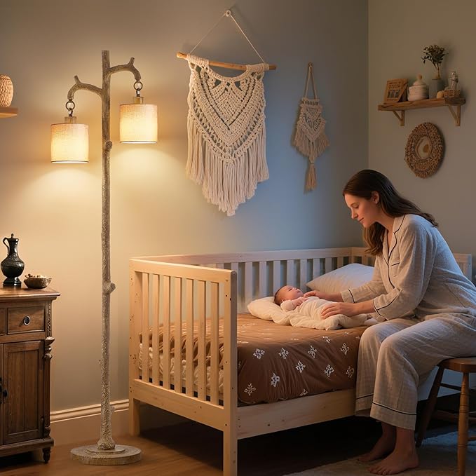 Floor Lamp for Living Room - 69" Rustic Farmhouse Tree Trunk Tall Lamp - Country Resin Vintage Reading Light Standing Lamps for Bedroom Office Classroom kid Room Home Decor (2 Reading Light, Brown)