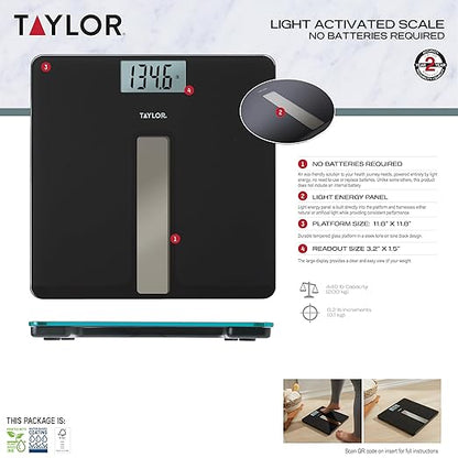 Taylor Light Powered Digital Bath Scale, Large and Durable Platform, Light Powered Panel with Endless Power, No Batteries Needed, Energy-Saving, Easy to Use, High 400 lb Capacity, Black
