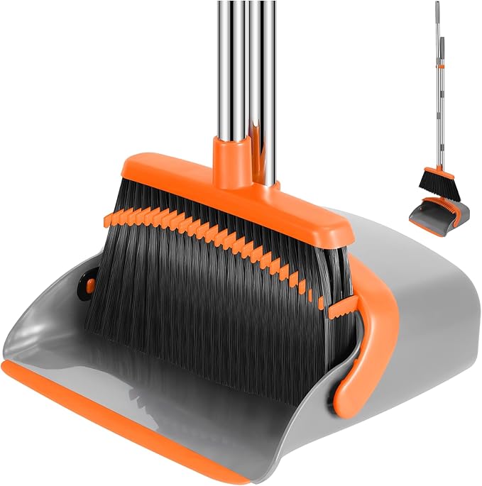 NACENA Broom and Dustpan Set, 52-in Long Adjustable Handle Broom Dustpan Combo with Dustpan Teeth to Automatically Clean Hair Suitable for Home Kitchen Office Hall Floor（Grey&Orange）
