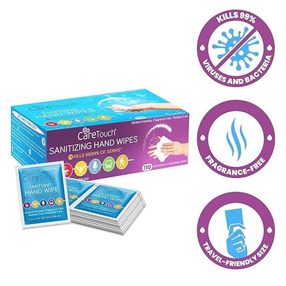 Care Touch Hand Sanitizer Wipes - 110 Hand Wipes Individually Wrapped - Travel Size - Sanitizing Wet Wipes for Home, Office & Outdoor Use