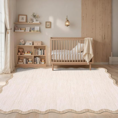 GarveeHome Scalloped Washable Rug 4x6, Beige Boho Living Room Area Rug, Bordered Non-Slip Farmhouse Bedroom Carpet Dorm Room Throw Rug, Low Pile Soft Accent Mat for Kitchen Entry Office 4'x6' Beige