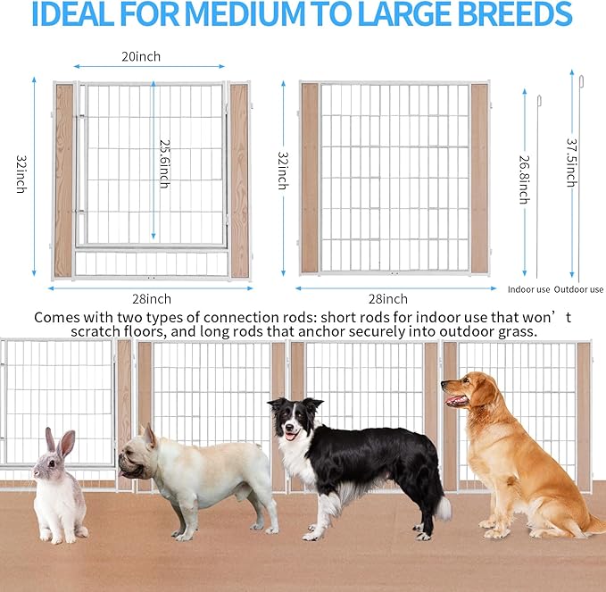 Heavy Duty Dog Playpen 32 Inch Height - Indoor Outdoor Pet Fence Enclosure for Medium and Small Dogs - Foldable Puppy Exercise Pen for Indoor and RV Camping or Yard (Door Panel, 32" H (White))