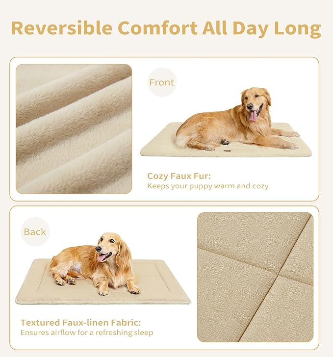 Made4Pets Dog Crate Pad Bed for Large Dogs, Washable & Reversible, Anti-Slip Kennel Mat for Cozy Sleeping, Soft Fluffy Dog Bed for Indoor & Outdoor Use, 44"x32", Beige
