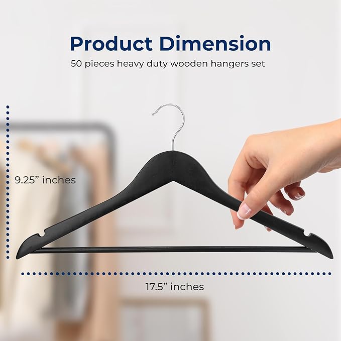 SereneLife 50-Pack Wooden Coat Hangers – Durable Suit Hangers with 360° Swivel Hook & Notches – Slim Design for Shirts, Jackets, Dresses, and More