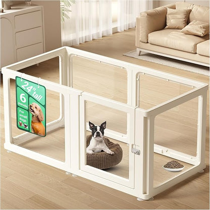 Transparent 6-Panel Dog Playpen, Acrylic Indoor/Outdoor Puppy Pen for Small & Medium Dogs, 24 Inch with Door, White(Fully Transparent 50 * 26 Single Room,24 inch)