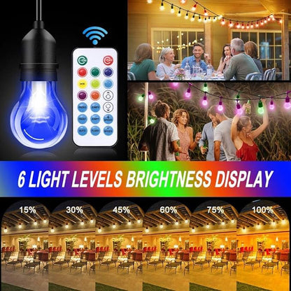 144FT Outdoor String Lights with 32 RGB Color Changing E26 Bulbs - Dimmable Shatterproof Edison Patio Lights for Backyard, Garden, Porch Controllers