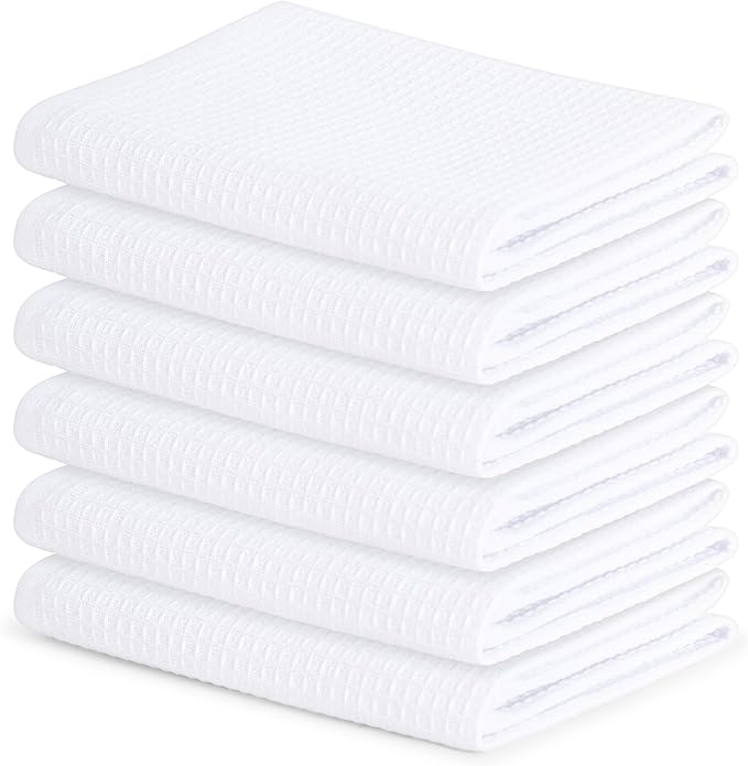 Blue Needles Waffle Weave Kitchen Towels, 15x25 Inches 100% Cotton Set of 6 Dish Towels for Kitchen, Ultra Soft & Absorbent with Hanging Loop, Spring Summer Dish Rags for Quick Drying - White