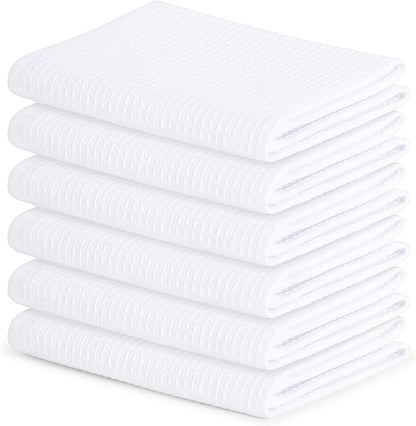 Blue Needles Waffle Weave Kitchen Towels, 15x25 Inches 100% Cotton Set of 6 Dish Towels for Kitchen, Ultra Soft & Absorbent with Hanging Loop, Spring Summer Dish Rags for Quick Drying - White