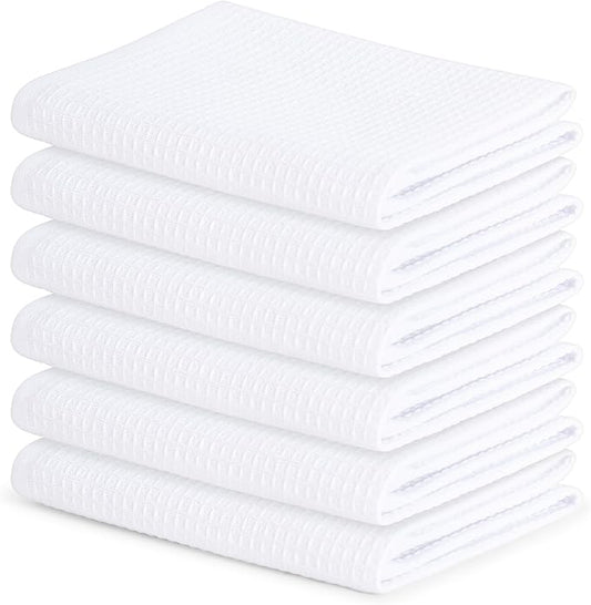Blue Needles Waffle Weave Kitchen Towels, 15x25 Inches 100% Cotton Set of 6 Dish Towels for Kitchen, Ultra Soft & Absorbent with Hanging Loop, Spring Summer Dish Rags for Quick Drying - White