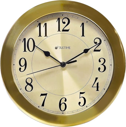 JUSTIME 8.5 inch Brushed Metal Water Resistant Wall Clock, Special for Small Space, Office, Boats, RV (WM86-BN-R Brushed Bronze)