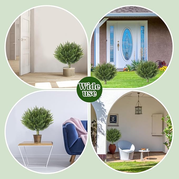 15.7" Fake Shrubs, Artificial Cedar Ball Tree Plant, 4 Packs of Fake Cedar Outdoor shrubs with Ground Spike, UV Resistant Fake shrubs, Used for Indoor and Outdoor Front Porch Gardens