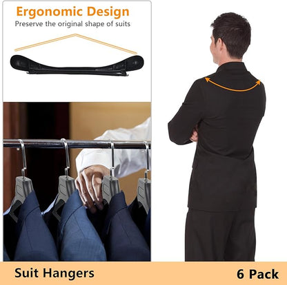 DEDU Plastic Extra Wide Shoulder Suit Hangers for Men 6 Pack Width 17.7", Black Sweater Hangers no Shoulder Bump Non Slip for Thick Sweaters, Clothes Hangers with Pants Bar & Metal Hook