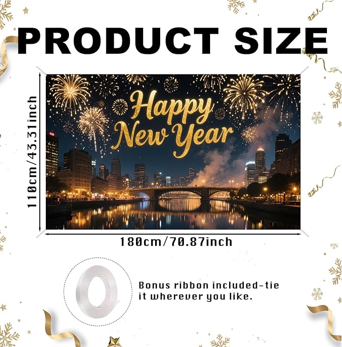 Nuxovilar Happy New Year Banner, City Night Fireworks Backdrop for Party Decorations, 71x43 Inch