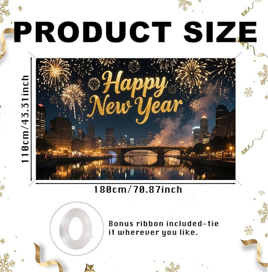 Nuxovilar Happy New Year Banner, City Night Fireworks Backdrop for Party Decorations, 71x43 Inch
