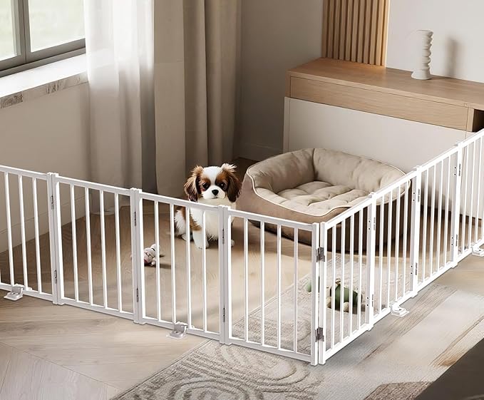 Free Standing Foldable Dog Gate, 16.5" High Step-Over Metal Short Pet Gate, Up to 96" Wide Puppy Fence for Stairs and Doorways, Indoor & Outdoor Use, No Drilling and No Assembly, White