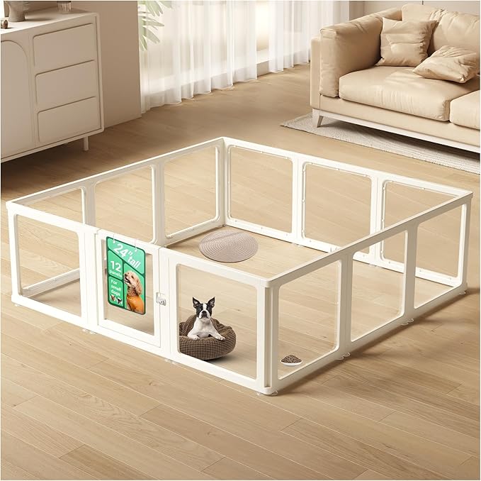 Transparent 12-Panel Dog Playpen, Acrylic Indoor/Outdoor Puppy Pen for Small & Medium Dogs, 24 Inch with Door, White(Fully Transparent 74 * 74 Single Room,24 inch)