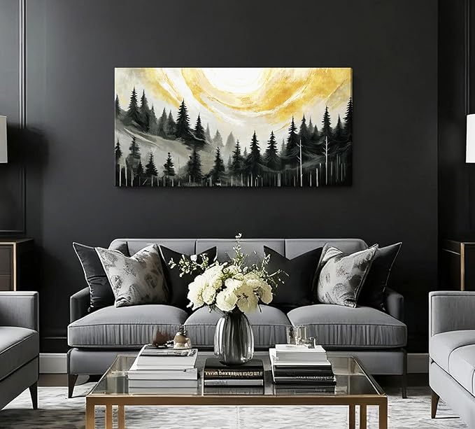 ARTZON Large Abstract Wall Art- Modern Black White Yellow Tree of Life Forest Canvas Print Pine Landscape Nature Horizontal Artwork Minimalist Picture for Living Room Bedroom Office Decor 48"x24"